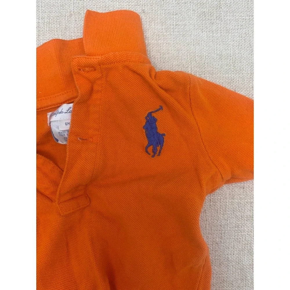 Ralph Lauren Baby Boy Orange Polo Romper Long Sleeve Size 6M Excellent